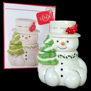 Lenox Happy Holly Days Snowman Cookie Jar Porcelain 24K Gold Accents NIB